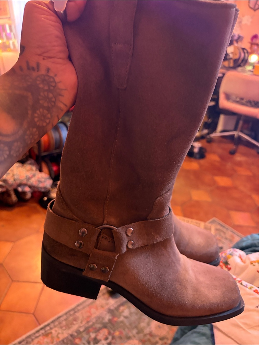Steve Madden Skin Tan Suede Harness Heeled Boots